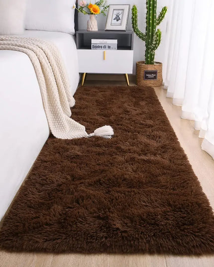 Fluffy brown bedside rug on a wooden floor in a cozy bedroom