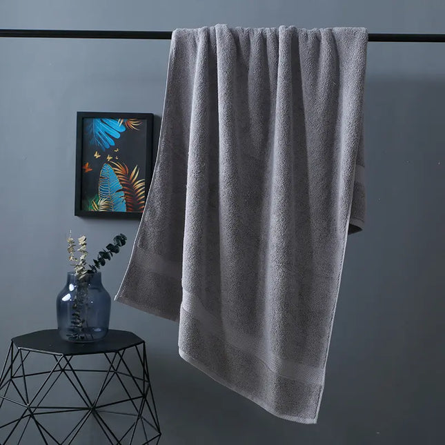 Gray towel hanging on a rack with a decorative plant and abstract art in the background.