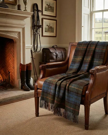 Antique Hunting Stewart merino throw styled in cozy home interior