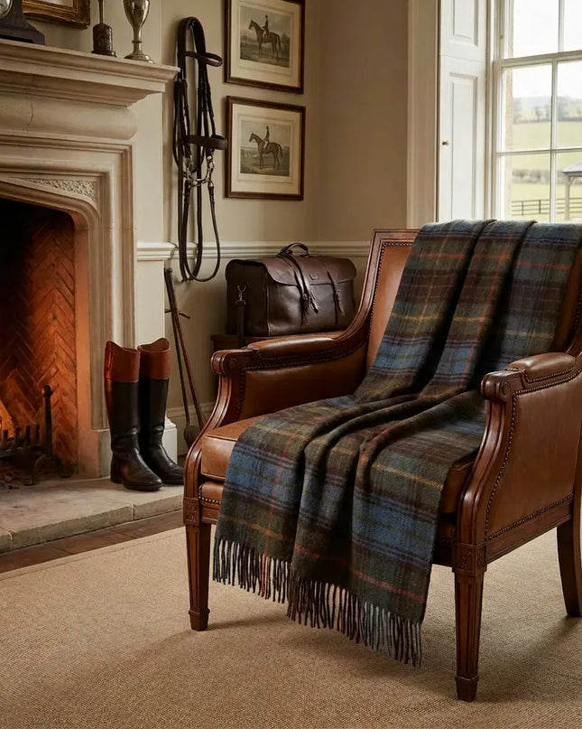 Antique Hunting Stewart merino throw styled in cozy home interior