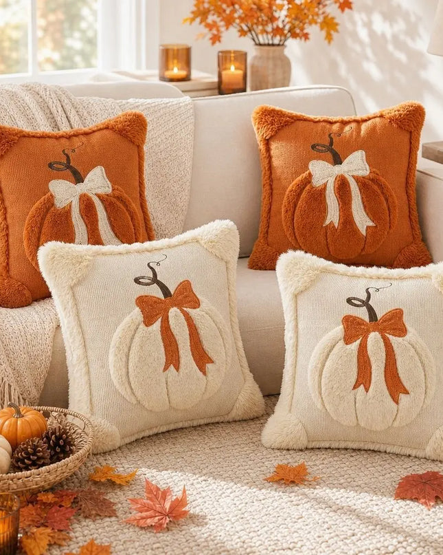 Decorative pillows with pumpkin and bow designs on a couch in a cozy living room.