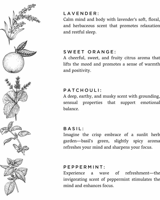Revive Bath Salts ingredient infographic – lavender, orange, patchouli, basil & peppermint