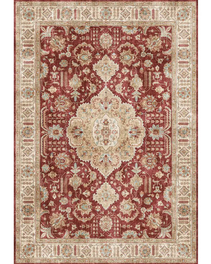 Decorative red and beige area rug with intricate patterns on a white background