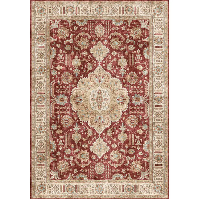 Decorative red and beige area rug with intricate patterns on a white background