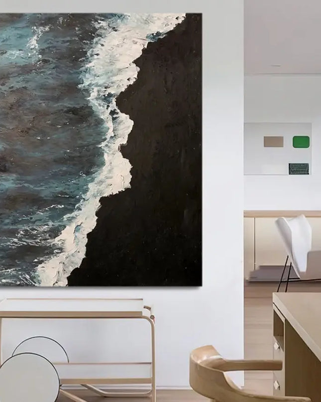 Large abstract painting of a coastal scene in an office setting