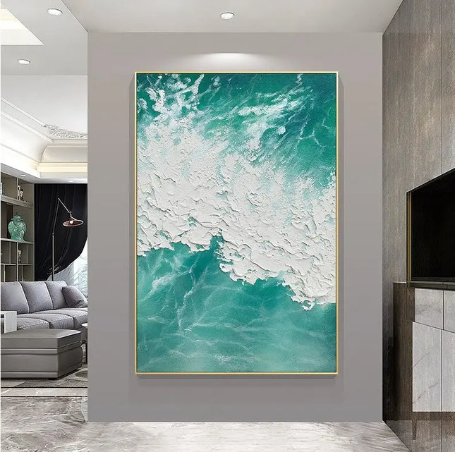 Abstract artwork of ocean waves in a modern living room.
