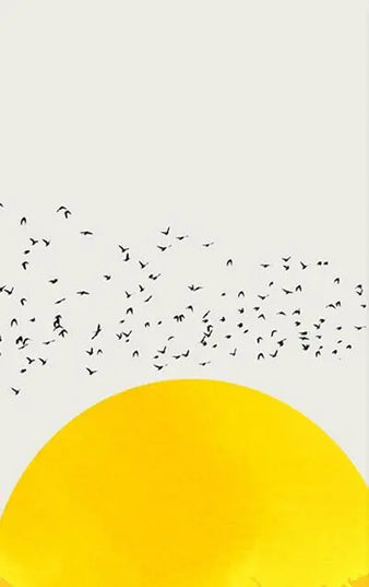 Frameless poster with rising yellow sun and black flying birds