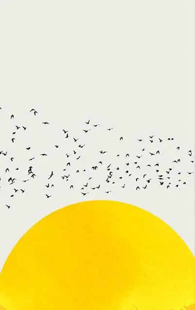Frameless poster with rising yellow sun and black flying birds