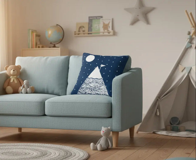 Light blue sofa with a decorative pillow featuring a mountain design in a child-friendly room.